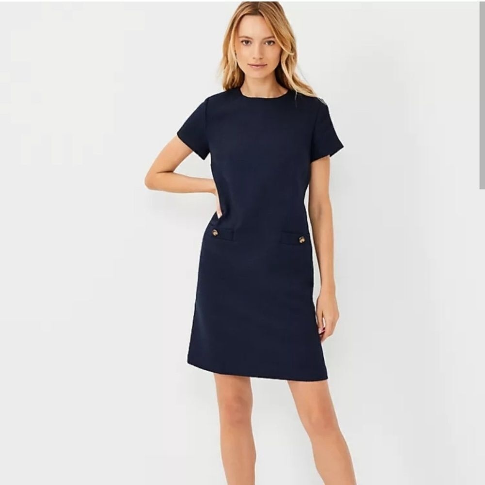 Ann Taylor NWT Short Sleeve Navy Blue Textured Pocket Shift Dress Sz 16 - Picture 1 of 11